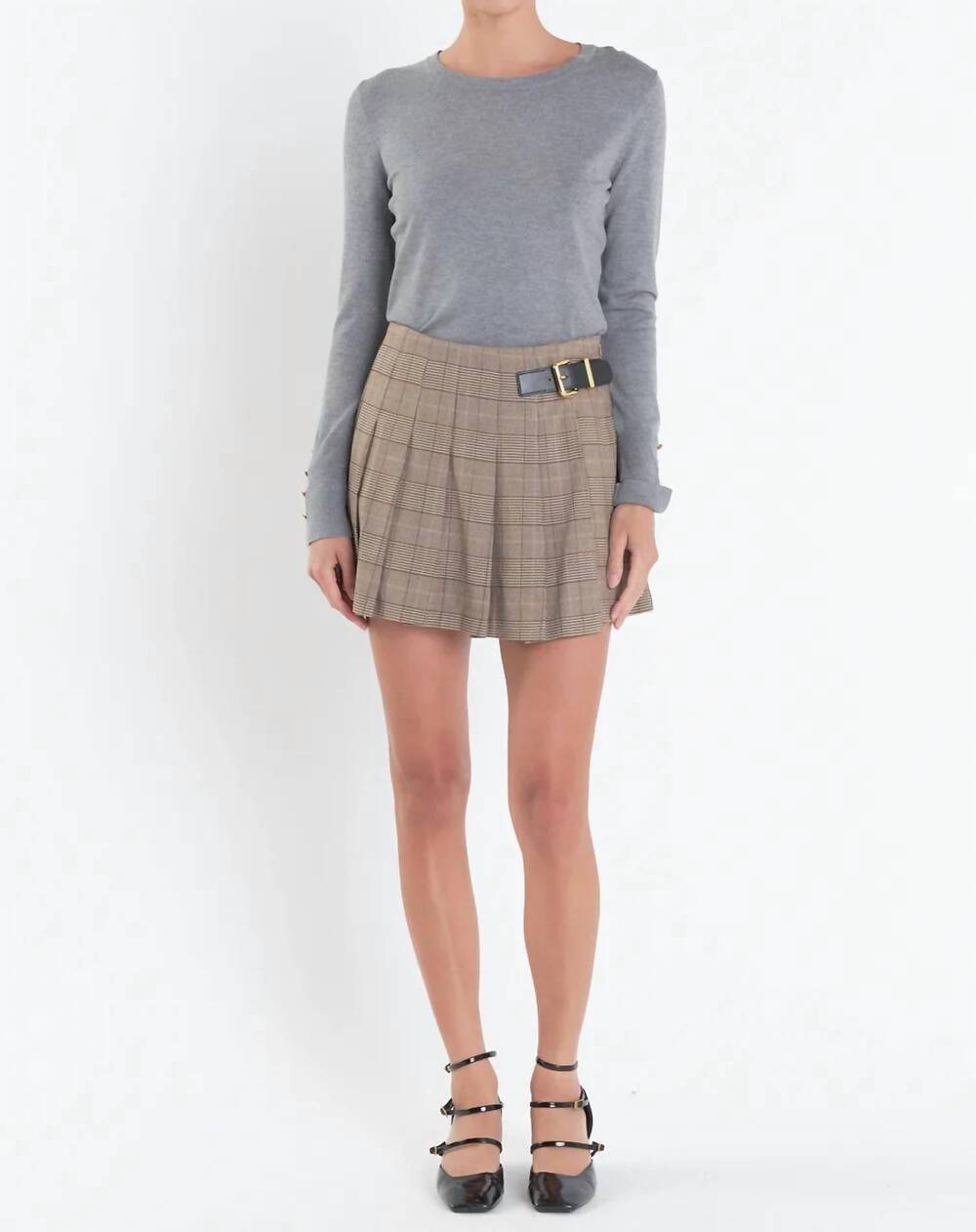 NEW ENGLISH FACTORY check buckle pointed skort in brown